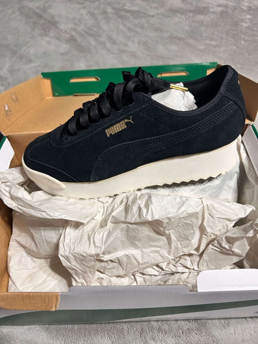 Puma Black Suede Platform Sneaker with Gold Logo and Cream Sole